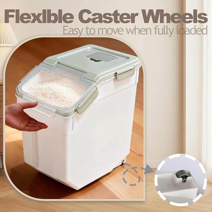 RUIAN 2Pcs Large Flour Storage Container Bin 50Lb Airtight Rice Storage Containers with Wheels Seal Locking Lid, BPA Free with Measuring Cup&Scoop for Flour, Rice, Grain 100LBS Total (Green) - Image 7