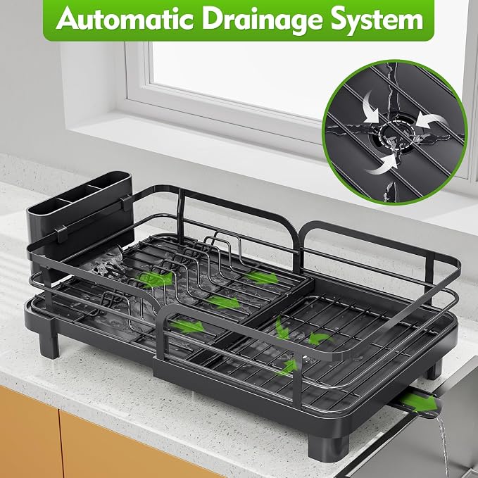 TOOLF Expandable Dish Drying Rack for Kitchen Counter, Black | Stainless Steel Dish Drainer with Drainboard Set & Cutlery Holder, Extendable 13.7“-20.5”L, Rust-Proof, Fits for 1-3 People - Image 8
