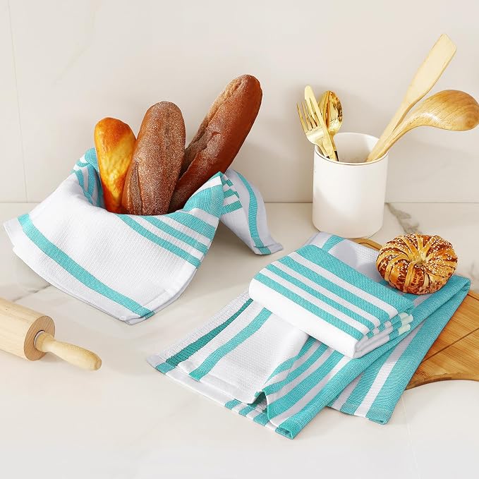 Homaxy Premium Cotton Stripe Kitchen Towels 3 Pack, 18"x 28", Teal | Large 380 GSM Kitchen Hand Towels, Soft Terry Dish Towels, Highly Absorbent Tea Towel Set with Hanging Loop - Image 6