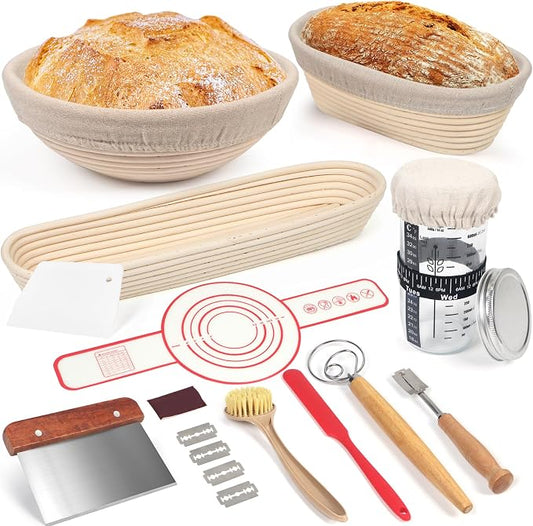 Banneton Bread Proofing Basket Set, 11 Inch Sourdough Proofing Basket and Bread Baking Supplies-Bread Lame, Danish Whisk, Bowl & Dough Scraper, Brush, (3 Bread Proofing Baske and Jar) by LOKEISNA