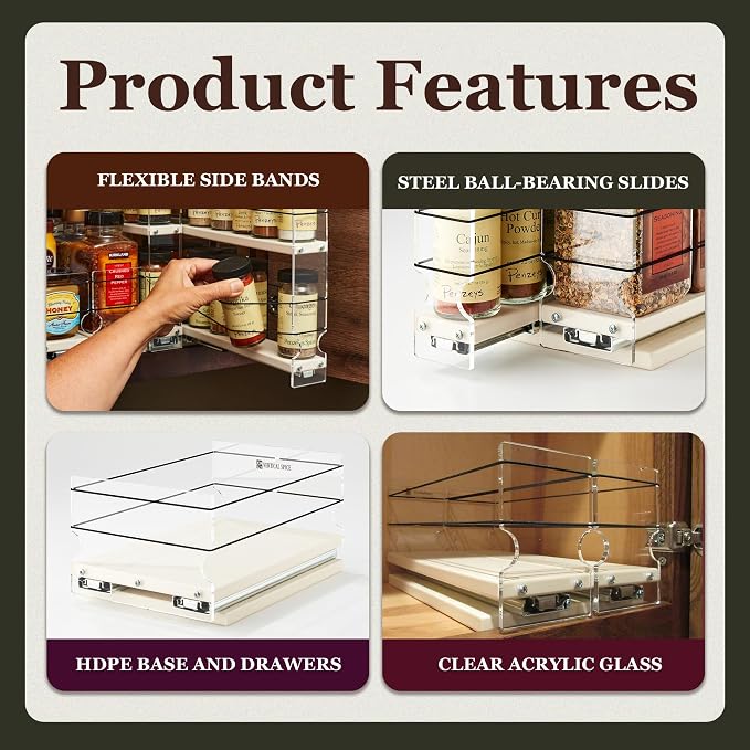 Sliding Spice Rack Organizer for Cabinets - Pull Out Shelves for Upper Kitchen Cabinets - Cabinet Organizer/Storage - USA Made - 2 Tiers - 3.45" x 10.75" x 10.6"(Cream, Assembled) - Image 5