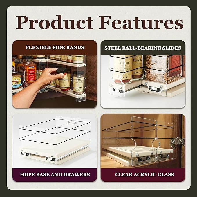 Sliding Spice Rack Organizer for Cabinets - Pull Out Shelves for Upper Kitchen Cabinets - Cabinet Organizer/Storage - 2 Tiers - 3.45" x 12.25" x 10.6" (Cream, Partially Assembled) - Image 5
