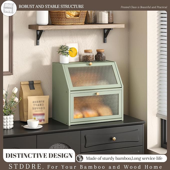 STDDRE Bread Box for Kitchen Countertop Bin Double Layer Bread Box Storage Container Extra Large Capacity Farmhouse with Diamond Pattern Windows (Green, Extra Large) - Image 2