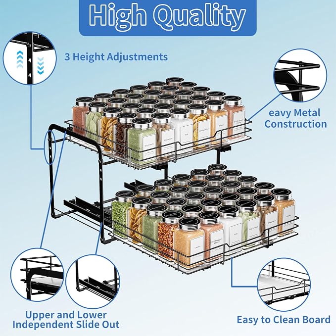 BOIVSHI 2-Tier Pull Out Spice Rack, Spice Rack Organizer, Pull Out Spice Racks for Inside Cabinets, Height Adjustable Heavy Duty Metal Basket for Inside Cabinet & Pantry (13.5''Wx10.5''Dx9.5''H) - Image 5