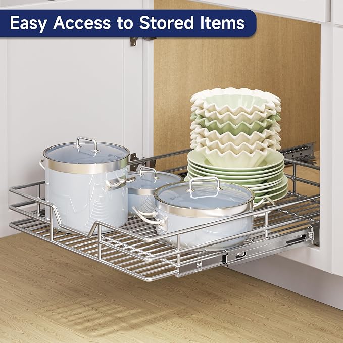 Pull Out Cabinet Organizer, 19.5" W x 21.5" D, Heavy Duty Chrome Slide Out Shelf for Base Cabinets, Sliding Wire Basket Drawer for Pantry Items, Bowls, Containers & Cleaning Supplies - Image 7