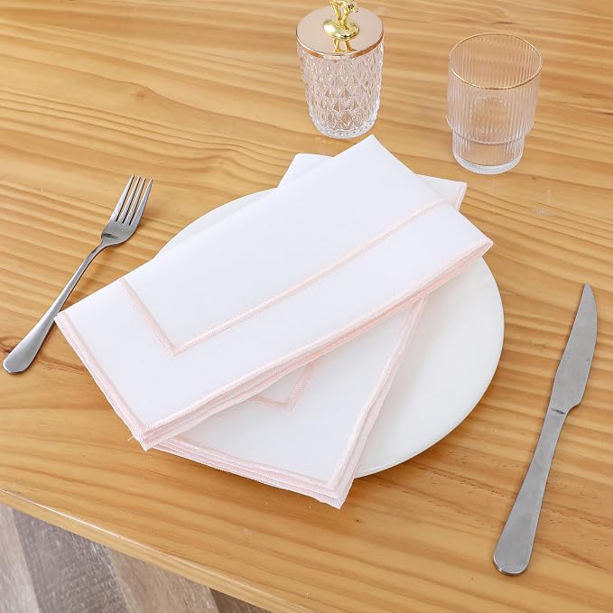 Majestic Giftware Set of 12 Polyester Napkins (NPK-PK) | White Pink Trim Design Dinner Napkins Cloth | Linen Look Washable Cloth Napkins Set for Weddings, Banquets, or Restaurants (20" x 20") - Image 2