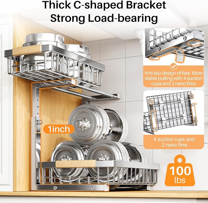 PXRACK Under Sink Organizer, Adjustable Height, 2 Tier Pull Out Cabinet Organizer, Slide Out Thickened Metal Storage for Kitchen Bathroom Laundry Pantry Cabinet, Stainless Steel, Silver, Large-2-Pack - Image 6