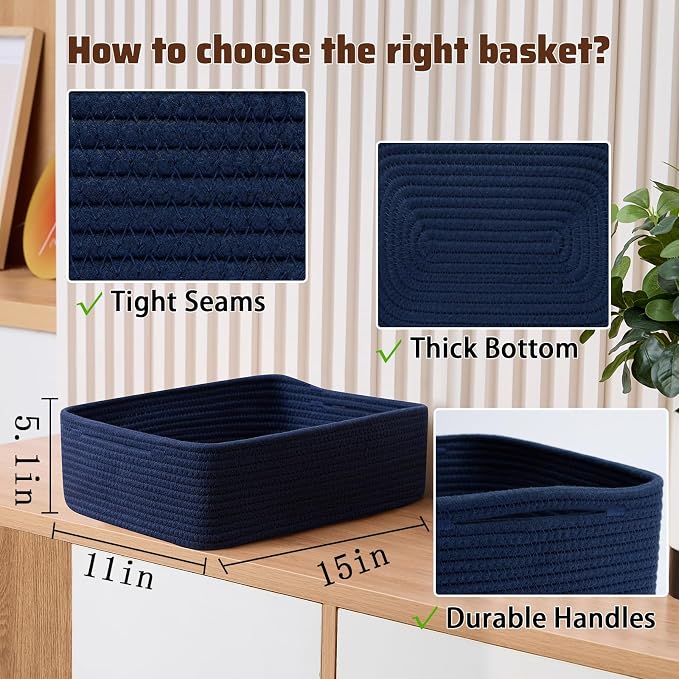MiniArk Large Shallow Organizing Baskets 15x11x5.1 Inches - Rope Woven Storage Bins for Bathroom, Shelves, Cube Closet, Navy Blue 3 Packs - Image 2