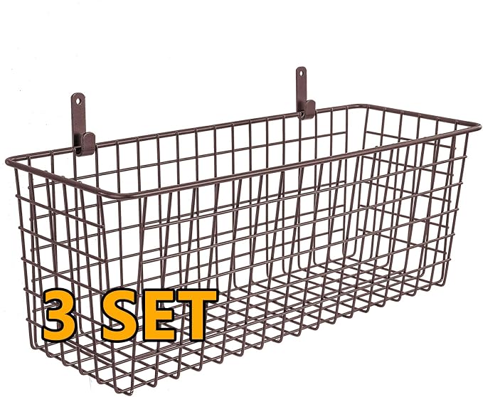 3 Set [Extra Large] Hanging Wall Basket for Storage, Wall Mount Sturdy Steel Wire Baskets, Metal Hang Cabinet Bin Wall Shelves, Rustic Farmhouse Decor, Kitchen Bathroom Organizer, Brown - Image 5