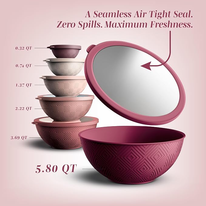 COOK WITH COLOR Mixing Bowls with Lids - 12 Piece Plastic Nesting Bowls Set includes 6 Prep Bowls and 6 Lids, Microwave Safe Mixing Bowl Set, Rose Rhombus - Image 2