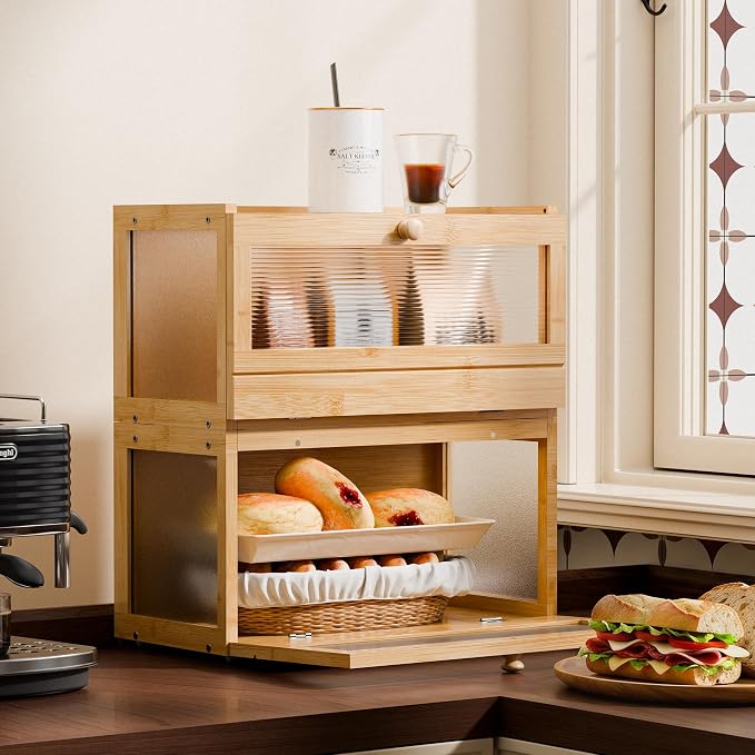 Stackable Bread Box for Kitchen Countertop, 2 Tier Bamboo Bread Storage Container Holder Bin for Baked Goods Snacks Farmhouse Breadbox with Acrylic Window for Pantry Cabinet Cupboard, Natural - Image 7