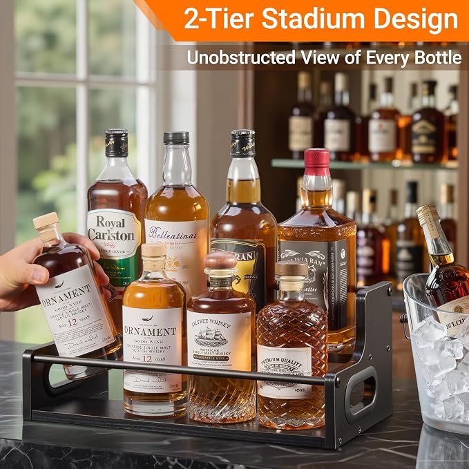 YQBRAO 2-Tier Liquor Bottle Display Shelf, 16-Inch, Black | Holds up to 12 bottles with clear stepped visibility for whiskey, bar carts, compact counters, and home bars. - Image 2