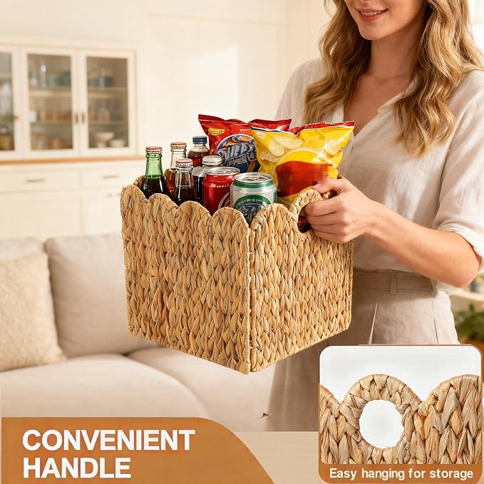 Scalloped Wicker Storage Cubes Basket, 12”x12“ Heavy Duty Paper rope/Hyacinth/Seagrass Baskets for Shelves, Foldable Natural Boho Square Bins (Water Hyacinth&12 x 12 x 12in&4-Pack) - Image 3