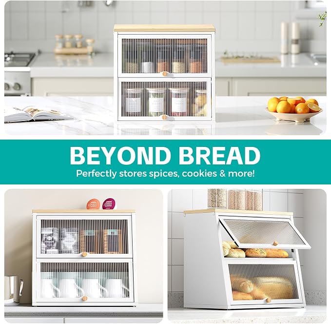 Urackify Bread Box for Kitchen Countertop – 2-Tier Bread Storage Container, Metal Breadbox with Acrylic Wavy Door, Wood Top, Magnetic Seal, Anti-Slip Base, 14.96x9.84x13.78 inch, White - Image 5