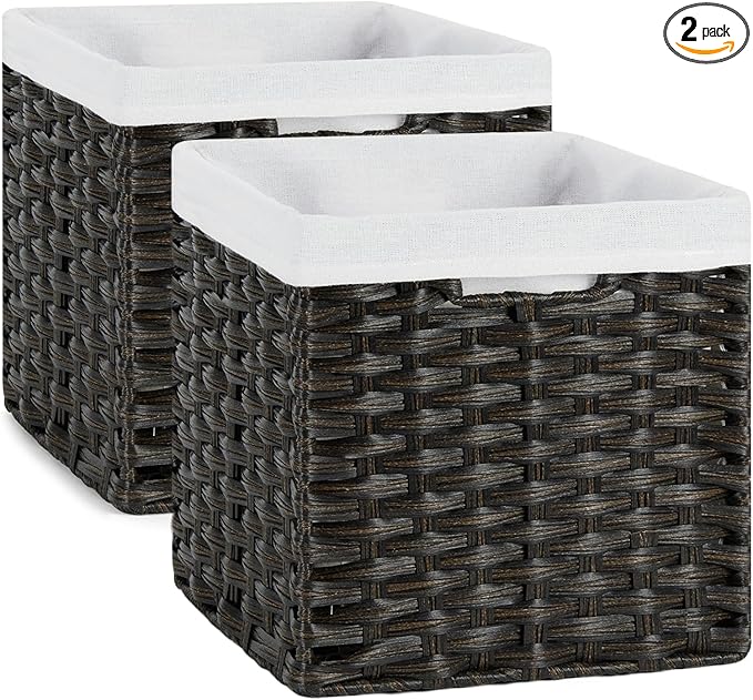 Bidtakay Wicker Cube Baskets with Liners 11 inch 2 Pack Waterproof Imitation Hand-Woven Wicker Storage Baskets for Shelves and Organizing Pantry and Bedroom Blackish-tan by BidtakayBaskets