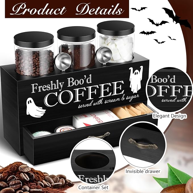 3 Pcs Halloween Coffee Bar Containers Set Include Coffee Sugar Container with Lid and Spoon and Double Layer Storage Box with Drawer for Bar Kitchen Countertop(Black) - Image 6