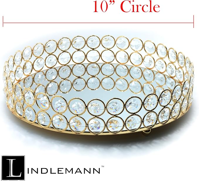 Crystal Decorative Tray Metal Mirrored Perfume Cosmetic Organizer Jewelry Trinket Display Storage Vanity Trays Home Décor Accents Luxury Gift (Round, 10in, Gold) - Image 3