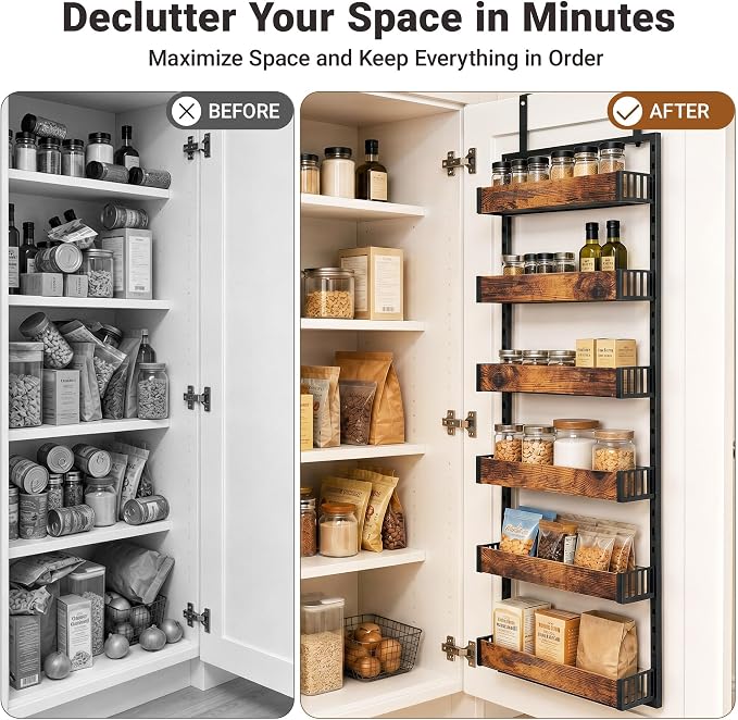 6-Tier Over the Door Pantry Organizer, 2-in-1 Door Hanging or Wall Mounted Spice Rack, Space Saving Metal Storage Shelves with Adjustable Baskets for Kitchen, Closet, Bathroom - Image 5