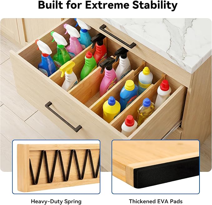 4 Pack 8" Deep Bamboo Drawer Dividers, 17-22" Expandable Kitchen Organizers | Adjustable Spring-Loaded Tension Separators with Foam Pad for Clothes, Utensils, Kitchen, Dresser, Nursery & Bathroom - Image 4