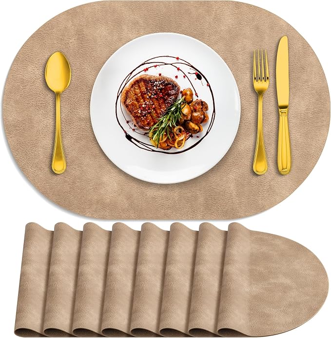 ADRIMER Placemats, Heat Resistant Oval Placemats Set of 8 Washable 12 x 17 Inch, Waterproof Table Placemats Set of 8, Wipeable Faux Leather Placemats for Kitchen, Dining Room, Apricot by Adrimersdreamistobeanindispensablecompanioninyourlife