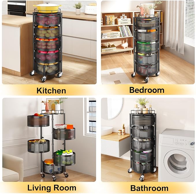 SNTD Fruit and Vegetable Basket Bowls for Kitchen with Metal Top Lid, 5 Tier Rotating Storage Rack Cart for Potato Onion Bread Banana, Wire Basket Organizer on Wheels, Large, Black - Image 7