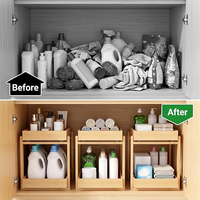 MHXW SXPN Bamboo Under Sink Organizer, 2 Pack Pull Out Cabinet Organizer | 2 Tier Vertical Smooth Slide Out Undersink Storage Shelf | Multi-Purpose Organizer Shelves for Kitchen Bathroom Medicine - Image 8