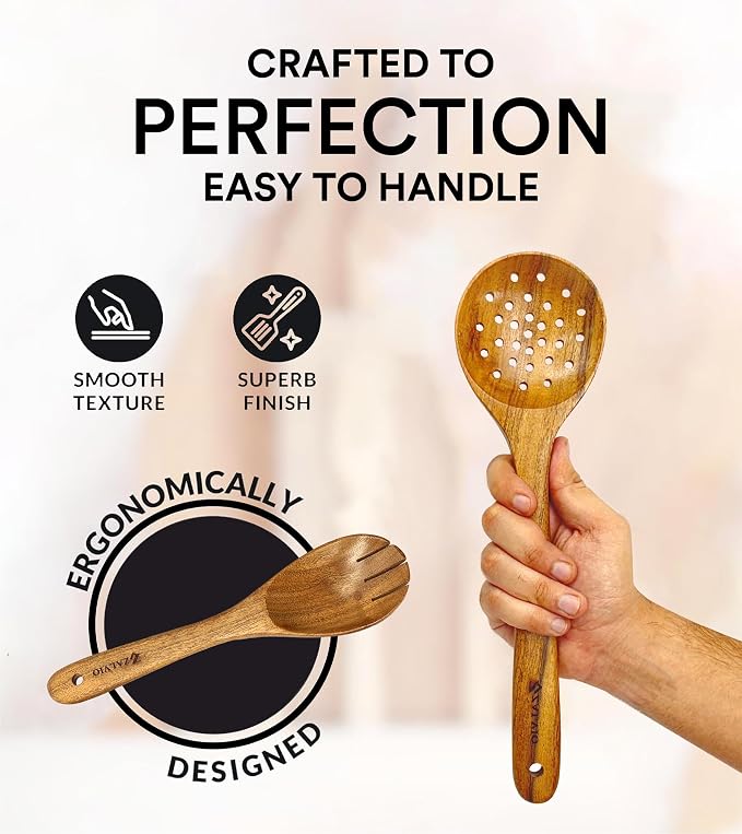 Zalvio 6-Piece Acacia Wood Cooking Utensil Set – Handmade Wooden Spoons & Spatulas | Heat-Resistant, Nonstick, Eco-Friendly Kitchen Tools - Image 8