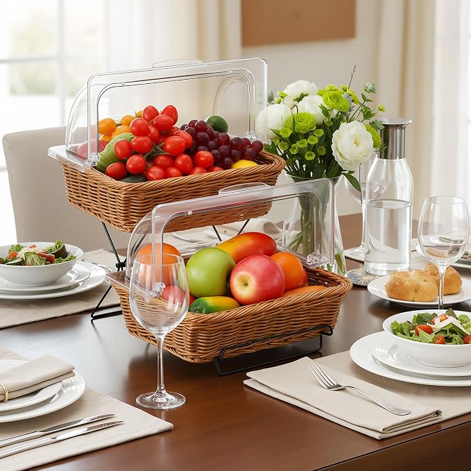 2 Pack Imitation Rattan Plastic Bread Basket, with Acrylic Lid and Metal Display Stand Rectangle Woven Fruit Basket for Food Display Tabletop, 13.78 x 9.84'' (Flip Top Food Cover) - Image 6