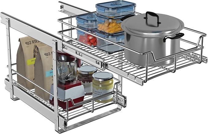 2-Tier Cabinet Pull Out Shelves, 11" W x 22" D, Chrome | Heavy-Gauge Wire Kitchen Cabinet Organizer, 100 lbs Capacity, Ball-Bearing Glides, Min 12" Opening, For Pantry Storage - Image 6