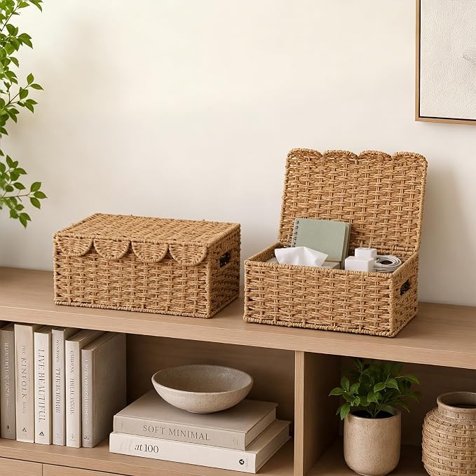 Set of 2 Scalloped Wicker Baskets with Lid,Paper Rope Decorative Storage Baskets for Shelves, Display Shelf, Handmade Cute Woven Basket for Nursery,Living Room Decor - Image 7