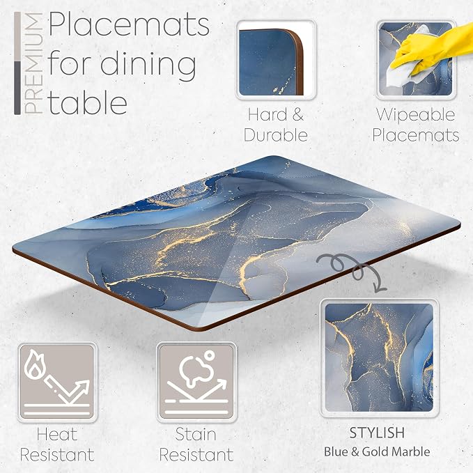 Set of 4 Heat Resistant Cork Placemats for Dining Table with Free Set of 4 Matching Drink Coasters Marble Design 16 x 12 Inches Cork Backed Hard Placemats (Blue & Gold) - Image 2