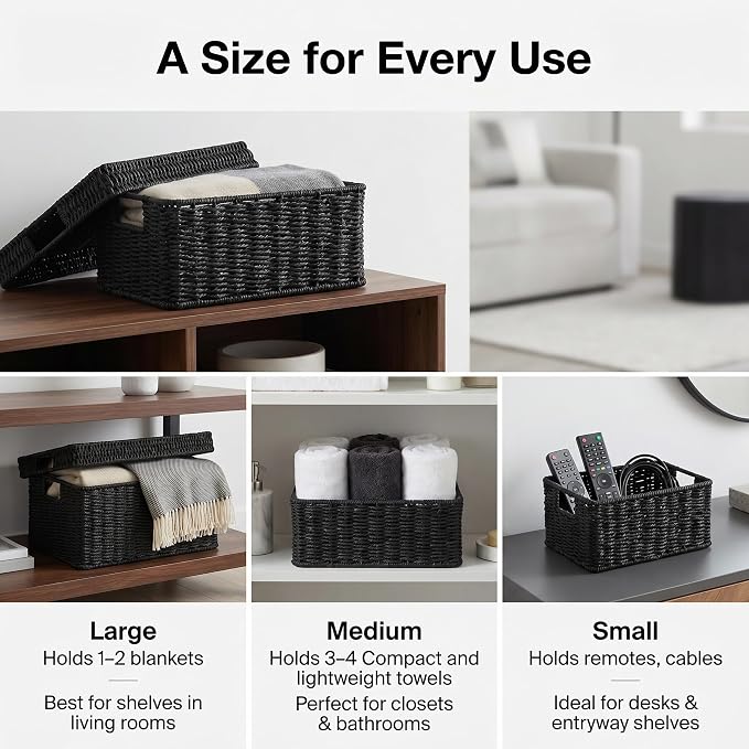 Wicker Storage Basket with Lid for Shelves, 3-Basket Set, Black | One rectangular wicker basket with lid and two open baskets for decorative shelf storage; removable lid flips into a tray. - Image 5