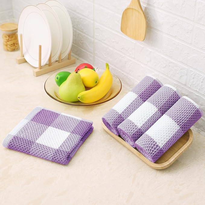 Homaxy Kitchen Towels and Dishcloths Set, Set of 8, White & Purple | Bulk Cotton Waffle Weave Check Plaid Kitchen Towels, Super Soft and Absorbent Dish Cloths, 12 x 12 and 13 x 28 Inches - Image 8