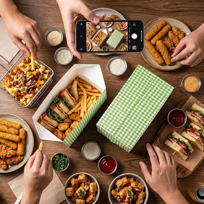 Restaurantware Bio Tek 80 Ounce To Go Boxes 400 Rectangle Take Out Food Containers - Fast Top Closure Disposable Green Houndstooth Paper Carry Out Containers For Burgers Or Fried Chicken - Image 4