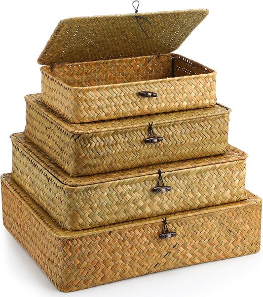 Didaey Set of 4 Seagrass Basket with Lid Wicker Storage Basket Decorative Storage Boxes with Lids Flat Storage Bins Woven Organizer Baskets for Shelf Closet Bedroom, 4 Sizes (Yellow) by Didaey