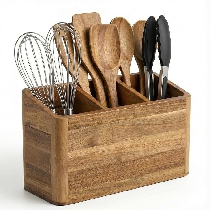 Dstuff Large Kitchen Utensil Holder Organizer for Counter or Countertop, Large Wooden Utensil Holder for Storage Cooking and Silverware with 3 Compartment, Acacia Rustic Wood Container Extra Large by Dstuff