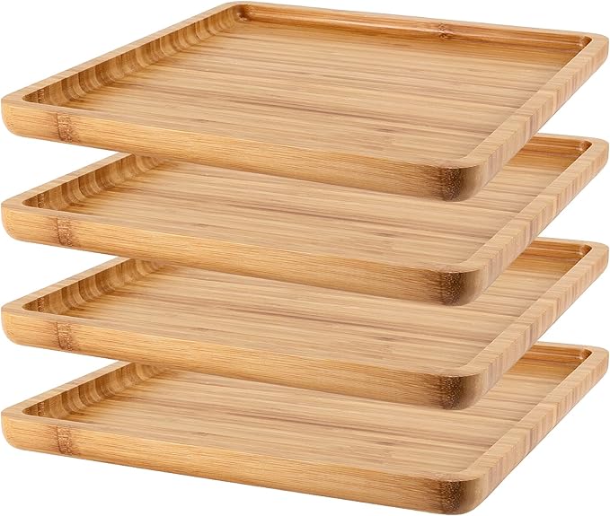 4 Pack 11.8 Inches Square Bamboo Tray, Natural Bamboo Serving Platter, Bamboo Serving Tray for Coffee, Tea, Fruits, Cheese by MUKLEI