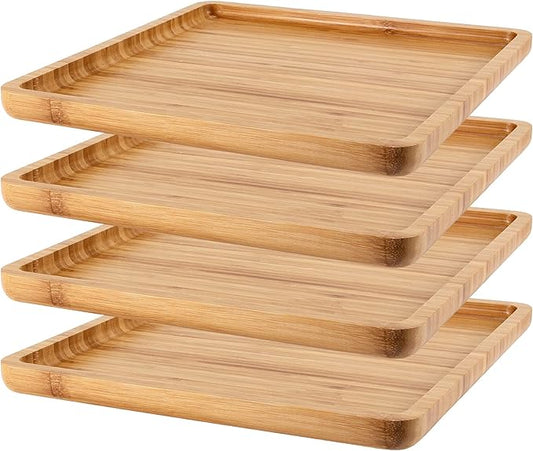 4 Pack 11.8 Inches Square Bamboo Tray, Natural Bamboo Serving Platter, Bamboo Serving Tray for Coffee, Tea, Fruits, Cheese by MUKLEI
