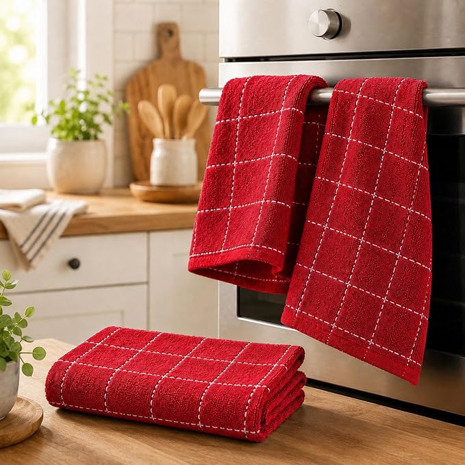 Kitinjoy 100% Cotton Terry Kitchen Towels, 13”x 28”, 4-Pack, Red | Checkered Designed, Ultra Soft Absorbent Quick Drying Dish Towels - Image 7