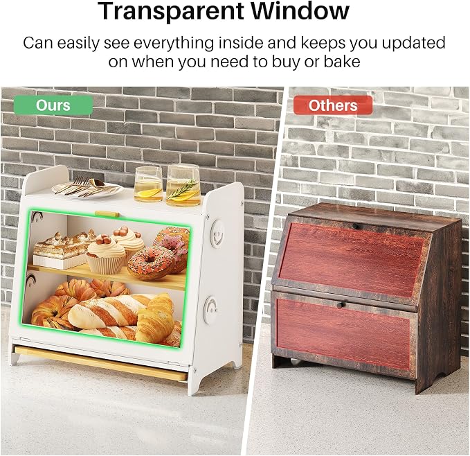 SNTD Airtight Bread Box for Kitchen Countertop, Bamboo Cutting Board, White | Adjustable Vent Hole, Sorted Storage, Natural Wood, Magnetic See-through Door, Metal Frame, Homemade Bread Storage Container - Image 5