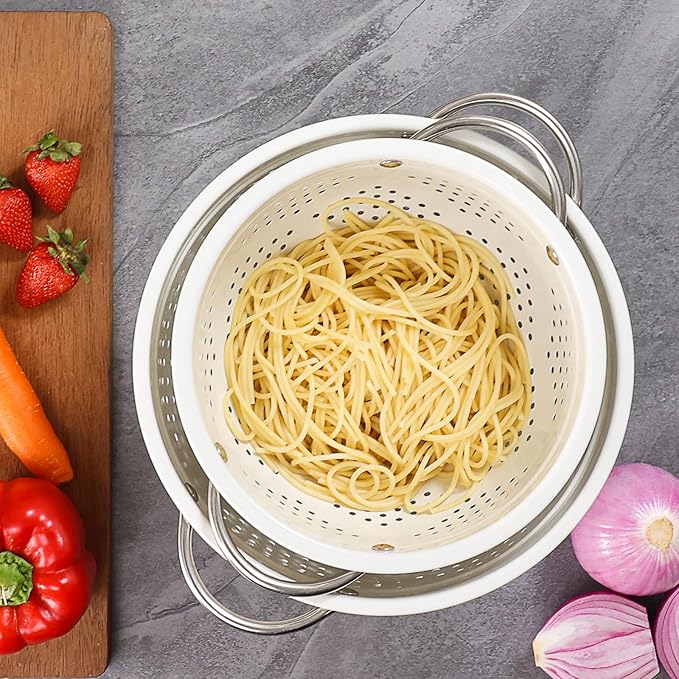 Powder Coated Steel Colanders: 3 Quart and 5 Quart Set of 2 - White | metal Pasta&Vegetable Strainer，Ergonomic Side Handles，Space-Saving Nesting Design - Image 6