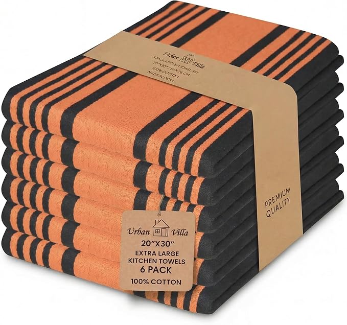 Urban Villa Kitchen Towels Cotton Dish Towels 20”x30” (Set of 6) Orange Blk by CottonTrends