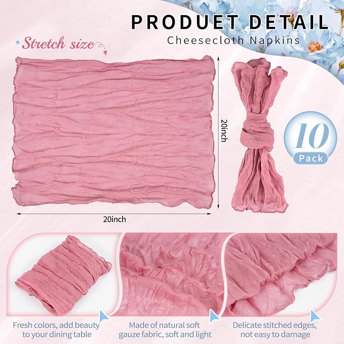 10 Pack Dusty Rose Cheesecloth Napkins 20"x20" Boho Washable Cloth Napkins Set of 10 Wrinkled Cheese Cloth Napkins Gauze Dinner Table Napkin for Wedding Party Baby Shower Birthday Decor - Image 2