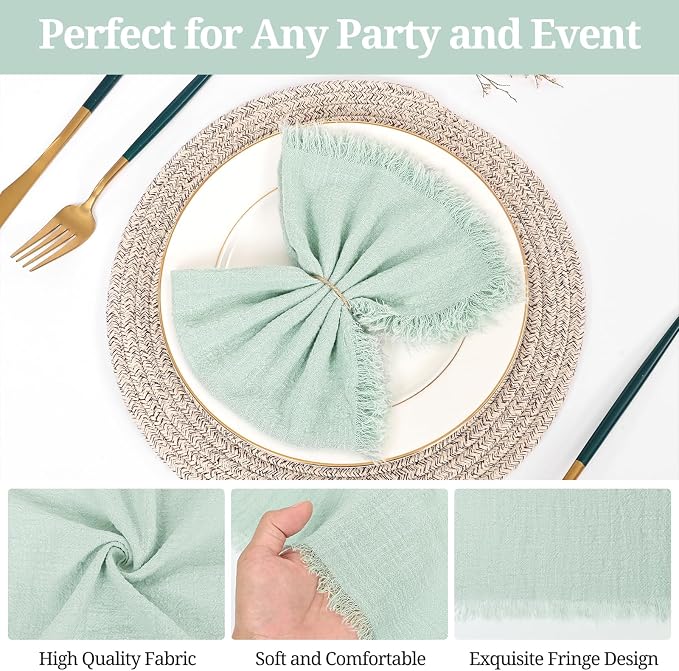 50 Pack Sage Green Cloth Napkins, 16 x 16 Inch Cotton with Fringe Settings | Handmade washable reusable cotton dinner napkins in bulk for weddings, parties, rustic boho table settings - Image 5