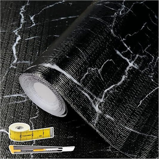 Drawer and Shelf Liner for Kitchen Cabinet: 12 in X 20 Ft Non Slip | Waterproof Shelf Paper Non Adhesive Refrigerator Liners Black Marble Easy Liners for Bathroom with Knife Tape Measure by Kimhan