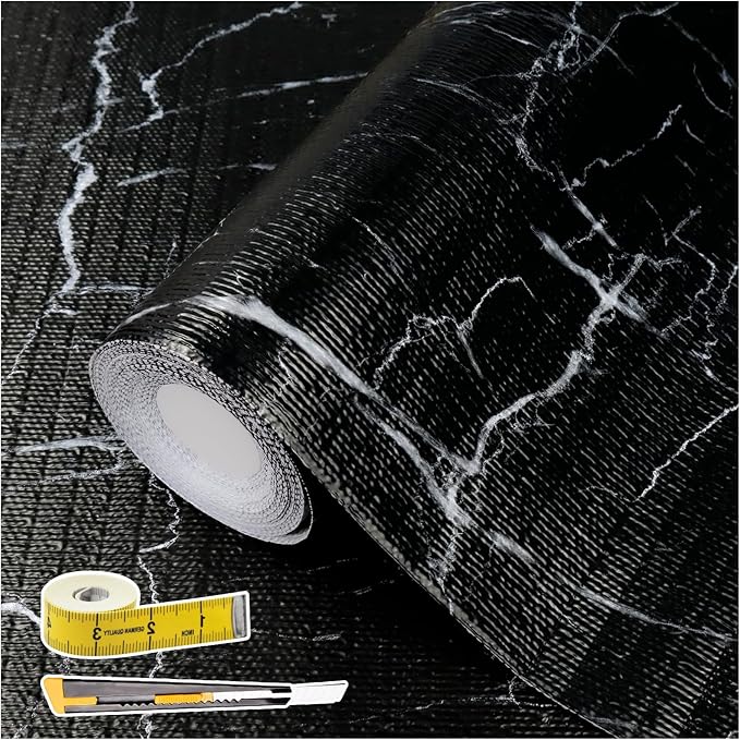 Drawer and Shelf Liner for Kitchen Cabinet: 17 in X 30 Ft Non Slip | Waterproof Shelf Paper Non Adhesive Refrigerator Liners Black Marble Easy Liners for Bathroom with Knife Tape Measure by Kimhan