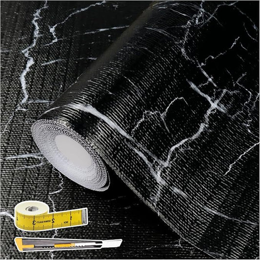 Drawer and Shelf Liner for Kitchen Cabinet: 17 in X 30 Ft Non Slip | Waterproof Shelf Paper Non Adhesive Refrigerator Liners Black Marble Easy Liners for Bathroom with Knife Tape Measure by Kimhan