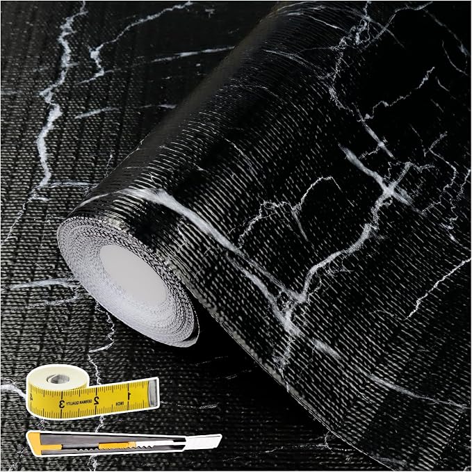 Drawer and Shelf Liner for Kitchen Cabinet: 17 in X 20 Ft Non Slip | Waterproof Shelf Paper Non Adhesive Refrigerator Liners Black Marble Easy Liners for Bathroom with Knife Tape Measure by Kimhan