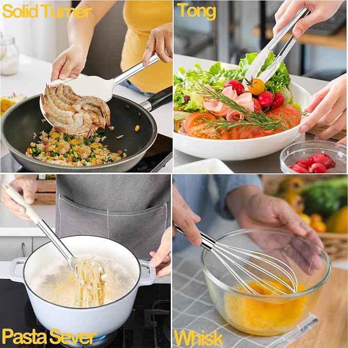 LIANYU 15 Pcs Cooking Kitchen Utensils Set with Stainless Steel Handle | Silicone Kitchen Gadgets with Holder, Heat Resistant Spatula Tools, Brush Spoon Tong Whisk Ladle Turner for Cookware, White - Image 4