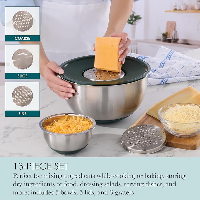 Chicago Metallic 13-Piece Stainless Steel Mixing Bowl Set with Airtight Lids and Grater Attachments, Etched Measurements, Nonslip Base, Dishwasher Safe, Nesting Bowls for Kitchen Baking Cooking - Image 3